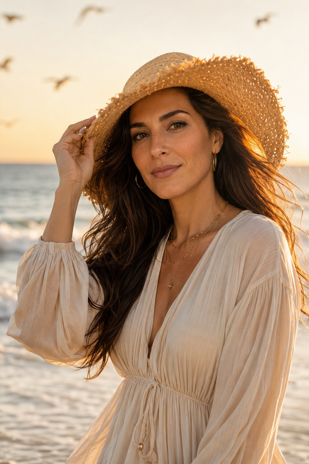 Retrato lifestyle en la playa al atardecer